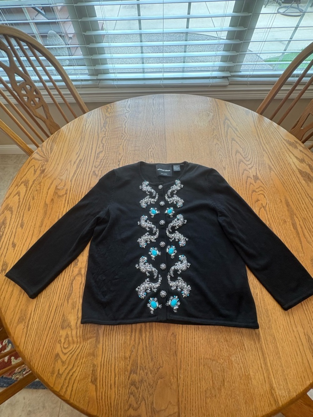 Michael Simon Black Silk Cardigan Blue Silver Bead Gecko Frogs Embellishments S
